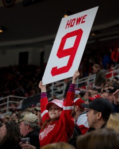 DETROIT, MI - DECEMBER 4: A young Wings fan holds up a sign in honor of Gordie Howe during a NHL game between the Detroit Red Wings and the Dallas Stars on December 4, 2014 at Joe Louis Arena in Detroit, Michigan.  The Wings defeated the Stars 5-2 (Photo by Dave Reginek/NHLI via Getty Images)